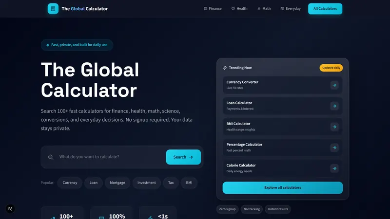 TheGlobalCalculator homepage showing calculator categories