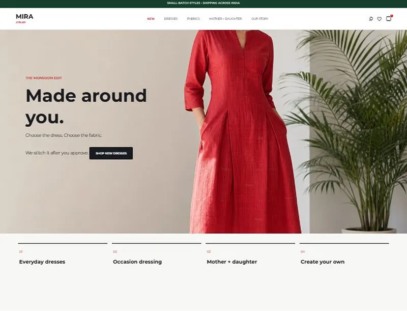Mira fashion storefront concept with a red dress and shopping navigation