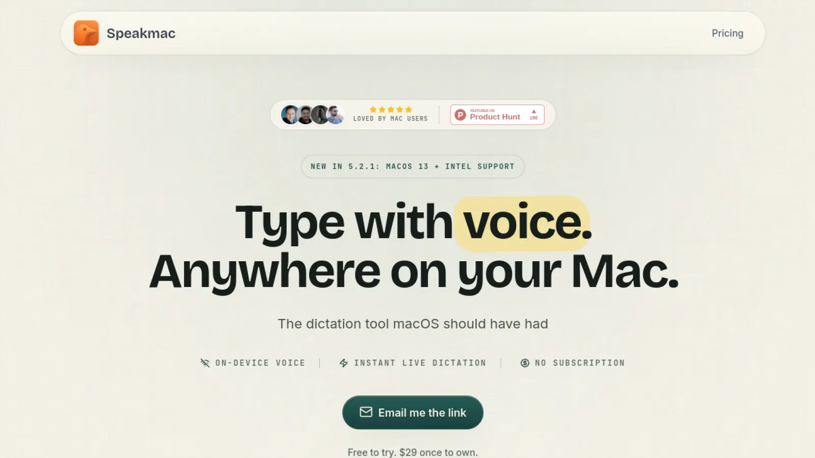 SpeakMac product website showing the private voice typing proposition